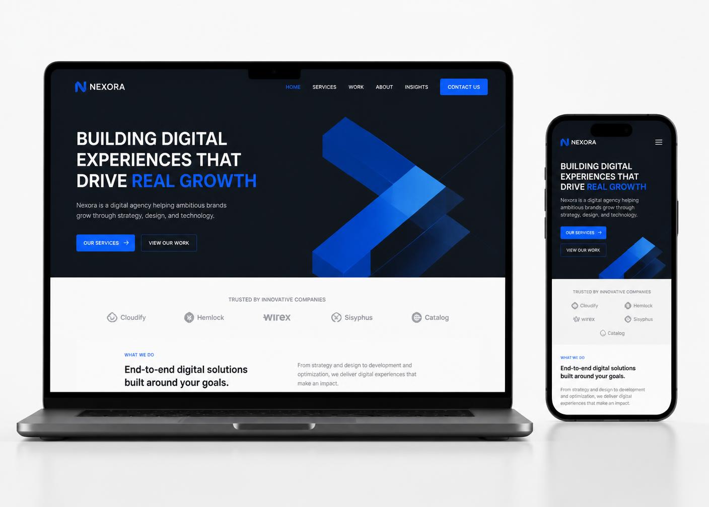 Website profissional apresentado em computador e telemóvel